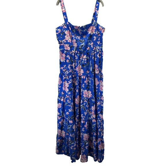 Eliza J Women's Maxi Dress Size 18 Blue Pink Floral Tiered Ruffle Smocked Zipper - Picture 1 of 10